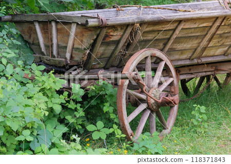 Wooden wheel. Rural transport in nature landscape. Old wooden cart. Wooden wheel. Rural transport in nature landscape. Old wooden cart. 118371843
