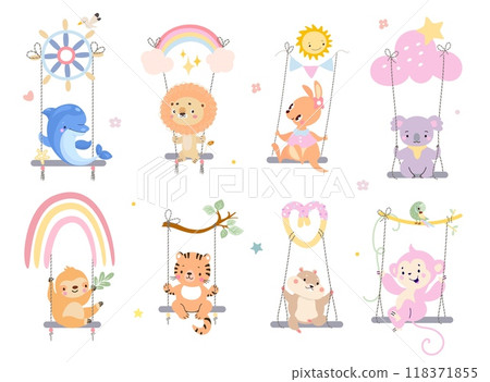 Animals riding on swings. Cartoon animal on swing, lion hamster dolphin tiger sloth koala. Funny childish wild characters, nowaday vector set 118371855