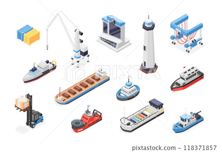 Isometric seaport elements. Industrial marine port 3d icons. Vessels ships lighthouse cargo containers. Sea transportation flawless vector set Isometric seaport elements. Industrial marine port 3d icons. Vessels ships lighthouse cargo containers. Sea transportation flawless vector set 118371857