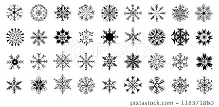 Hand drawn snowflakes. Isolated snowflake doodle style, winter season weather elements of precipitation. Decorative christmas neoteric vector set 118371860