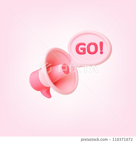 Megaphone with speech bubble 3d icon. Positive motivational ad poster, Go slogan. Sport or business, relationship and new idea, render vector elements 118371872