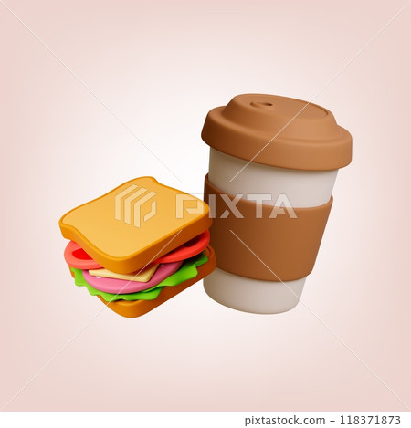 Take away coffee and sandwich. 3d food icons, tasty burger with cheese sausage and vegetables. Hot drink in to go mug, realistic vector elements 118371873