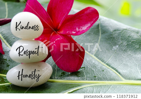 Kindness, Respect and Honesty text engraved on white zen stones with zen flower background 118371912