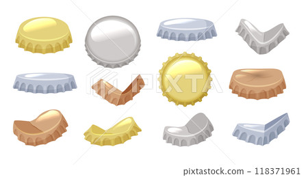 Bottle caps. Different views of damaged metal round caps from drinks recent vector illustrations set isolated on white Bottle caps. Different views of damaged metal round caps from drinks recent vector illustrations set isolated on white 118371961