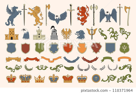 Heraldic. Elements collection for heraldic badges design stylized pictures of weapons shields fantasy animals lions and dragons recent vetor set Heraldic. Elements collection for heraldic badges design stylized pictures of weapons shields fantasy animals lions and dragons recent vetor set 118371964