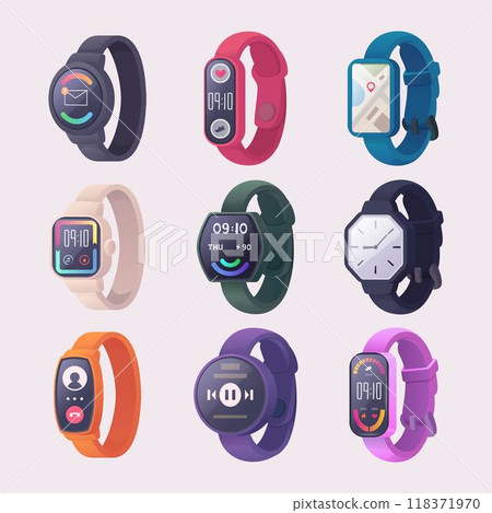 Digital watches. Fitness bracelets and smart trackers display template of digital watches exact vector set 118371970