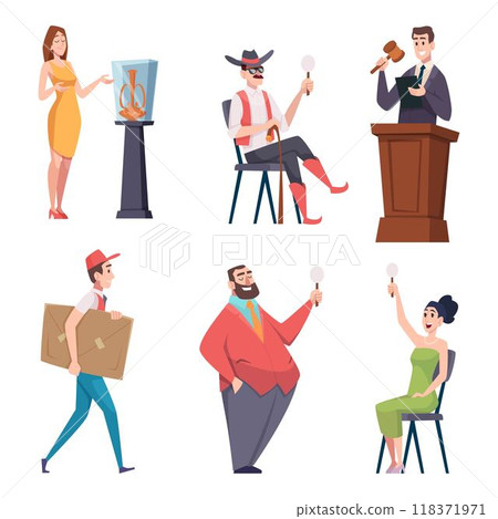Auction. People make bids for buying rare exotic retro things paintings sculptures exact vector auction sales concept pictures 118371971