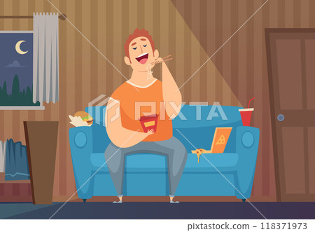 lazy man. fat character sitting on sofa in messy room and eating junk food 118371973