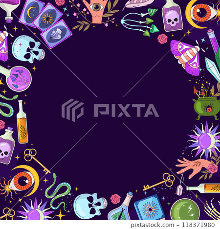 witchcraft background. circle shape from witchcraft tools and empty place for personal text 118371980