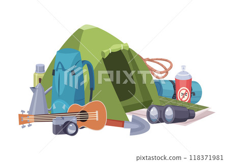 tourist tent. items for adventures camping tent binoculars backpacks guitar and shovel vector concept background 118371981