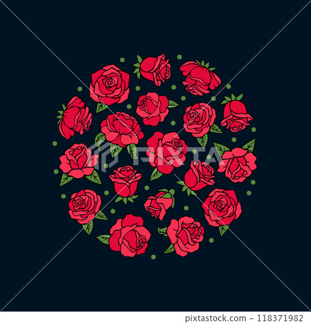 roses background. circle shape from beautiful buds of red roses 118371982