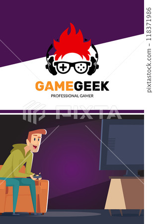 gamer. design poster for geek gamers playing on console games sitting on sofa and holding gamepad controller 118371986