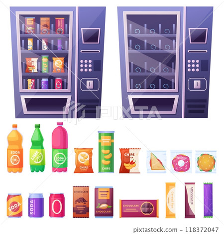 Full empty vending machine. Take away or to go snacks in automatic. Chocolate drinks in can chips sandwiches. Fast food icons, nowaday vector set 118372047