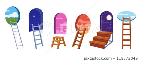Cartoon surreal stairs. Vibrant windows view, metal wooden staircases lead to dreams and fairy tale worlds. Stairway out, nowaday vector metaphor Cartoon surreal stairs. Vibrant windows view, metal wooden staircases lead to dreams and fairy tale worlds. Stairway out, nowaday vector metaphor 118372049
