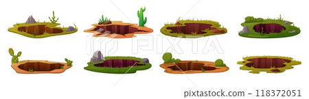Cartoon ground holes. Animal entrance hole in earth, garden pit soil. Forest desert grounds elements with grass stones plants, nowaday vector set 118372051