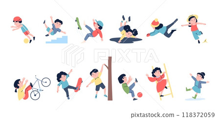Kids fall down. Children falling from tree ladder staircase, slip and stumble. Dangerous outdoor accidents, at school or kindergarten, recent vector scenes 118372059