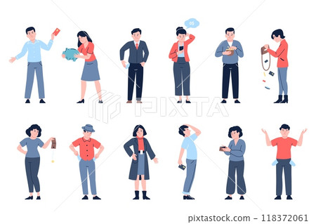 People with empty wallets. Men women show wallet pocket without cash. Poor characters, financial personal crisis, bankruptcy recent vector set People with empty wallets. Men women show wallet pocket without cash. Poor characters, financial personal crisis, bankruptcy recent vector set 118372061