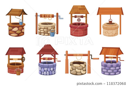 Cartoon stone water wells. Stones and bricks well with buckets on ropes. Countryside or village sources, springs for life, nowaday vector set 118372068