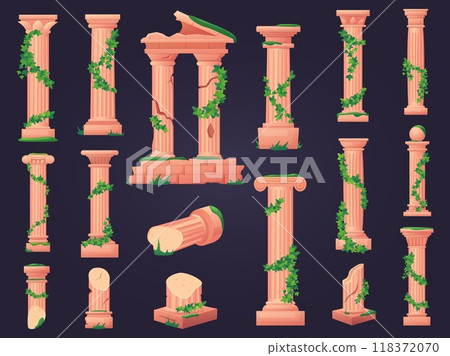 Columns with ivy. Ancient greek roman pillars with decorative green plants. Temple and old buildings architecture elements, nowaday column vector set Columns with ivy. Ancient greek roman pillars with decorative green plants. Temple and old buildings architecture elements, nowaday column vector set 118372070