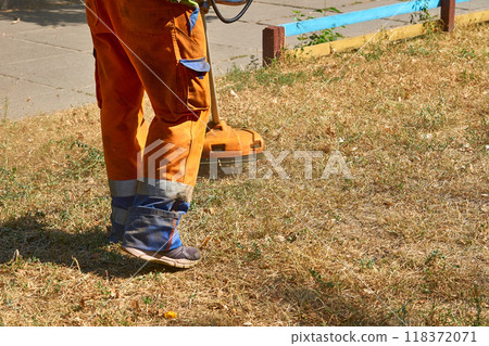 Professional grass cutting on lawns with a mini handle lawn mower Professional grass cutting on lawns with a mini handle lawn mower 118372071