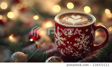 a red mug with snowflake designs filled with coffee, topped with heart-shaped latte art, surrounded by festive Christmas decorations 118372111