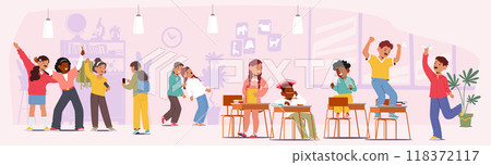 Joyful Schoolchildren Engaging In Fun Activities During Break Time In A Classroom Filled With Laughter And Excitement 118372117