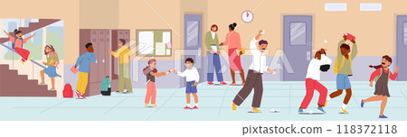 Children Enjoying A Fun And Energetic Break In The School Hallway With Teachers Observing Activities Happening Around Children Enjoying A Fun And Energetic Break In The School Hallway With Teachers Observing Activities Happening Around 118372118