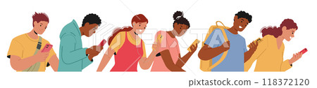 Young People Engaging With Their Smartphones. Diverse Characters Are Smiling And Fully Absorbed In Digital Devices 118372120