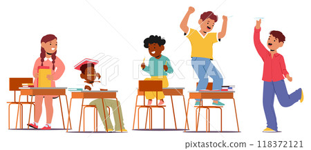 Joyful Schoolchildren Characters Engaging In Fun Activities During Classroom Break Time Isolated on White Background Joyful Schoolchildren Characters Engaging In Fun Activities During Classroom Break Time Isolated on White Background 118372121