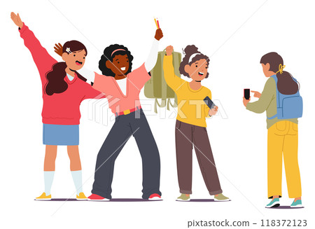 Group Of Diverse Schoolchildren Celebrating Break Time With Joy And Excitement In Classroom. Vector Illustration 118372123