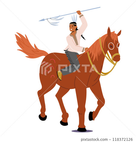 Native American Warrior Character Riding A Horse With Spear Conceptualizes Tradition And Strength In Dynamic Art Style Native American Warrior Character Riding A Horse With Spear Conceptualizes Tradition And Strength In Dynamic Art Style 118372126