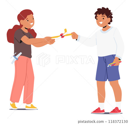 Happy Schoolchildren Enjoying Break Time While Playing With Colorful Toy Airplanes Together. Excitement And Creativity 118372130