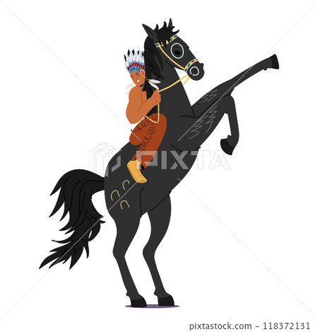 Native American Male Character On Horse Wearing Traditional Attire And Feathered Headdress Symbolizing Culture Native American Male Character On Horse Wearing Traditional Attire And Feathered Headdress Symbolizing Culture 118372131