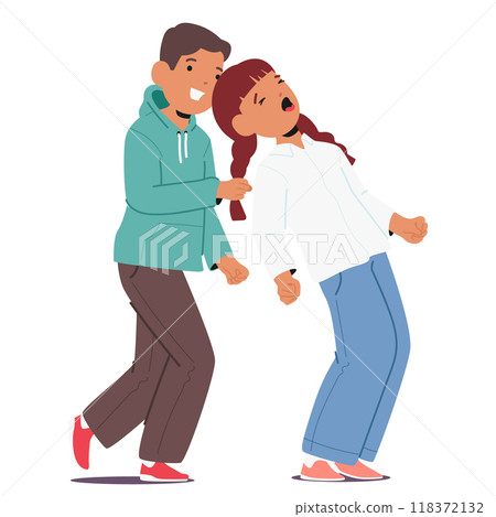 Two Schoolchildren Playing During A Classroom Break. Happy And Carefree Moment Of Schoolboy Pulling Girls Braids Two Schoolchildren Playing During A Classroom Break. Happy And Carefree Moment Of Schoolboy Pulling Girls Braids 118372132