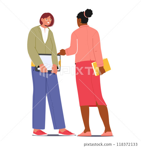 Two Teachers Female Characters Standing Together Engaging in A Friendly Discussion During Break Time Holding Books Two Teachers Female Characters Standing Together Engaging in A Friendly Discussion During Break Time Holding Books 118372133