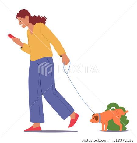 Woman Character Enjoys Stroll While Engaging With Phone And Walking Her Dog. A Moment Of Technology And Leisure 118372135