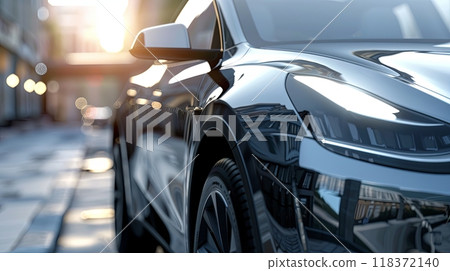 shiny electric car with a reflective surface, set in an urban environment with blurred city lights shiny electric car with a reflective surface, set in an urban environment with blurred city lights 118372140