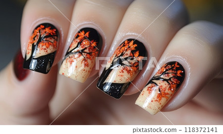 nails beautifully decorated with an autumn-inspired design nails beautifully decorated with an autumn-inspired design 118372141