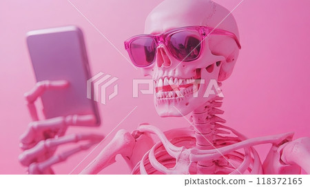 A pink skeleton wearing pink sunglasses, holding a smartphone for a selfie, pink background 118372165