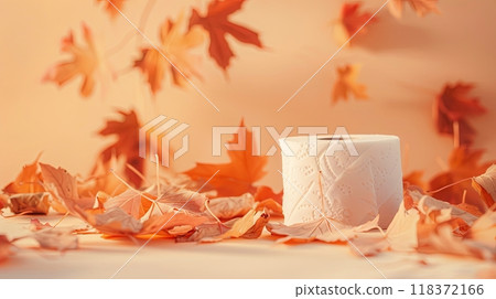 A roll of toilet paper placed among scattered autumn leaves against a warm beige background 118372166