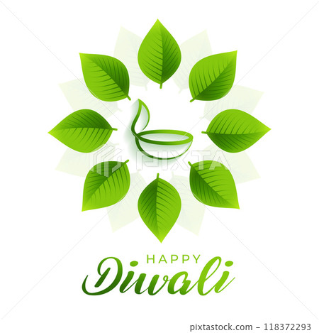 happy green diwali greeting background with leaves design 118372293