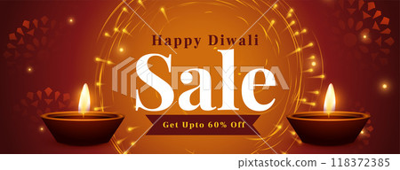 happy diwali celebration sale banner with diya and firework 118372385