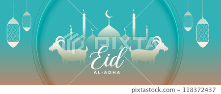 slamic bakrid eid al adha mubarak with lantern and goat banner slamic bakrid eid al adha mubarak with lantern and goat banner 118372437