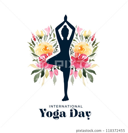 international yoda day celebration background with female in yoga pose and flowers 118372455