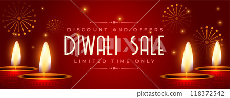 nice happy diwali festival sale banner with burning diya vector 118372542
