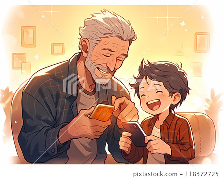 Senior man and boy having fun playing with a smartphone 118372725
