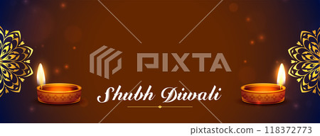 shiny shubh diwali banner with realistic oil diya and text space 118372773