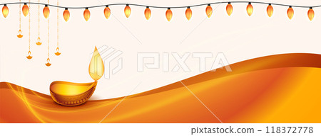 hindu festival banner with glowing diya and bunting lights vector illustration 118372778