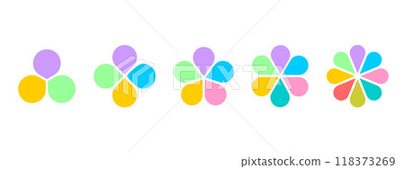 Colorful flower diagrams with petals. Floral pie charts divided on equal sectors from 3 to 8 in leaf shapes isolated on white background. Data presentation templates. Vector flat illustration 118373269