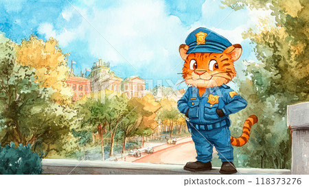 Little Tiger Policeman Against Backdrop Of City Park Watercolor Illustration For Childrens Book Adorable Tiger Officer Character City Park Scene Playful Police Kids Storybook 118373276